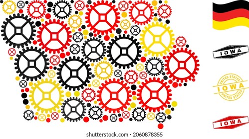 Repair service Iowa State map collage and seals. Vector collage formed of repair service elements in different sizes, and Germany flag official colors - red, yellow, black.