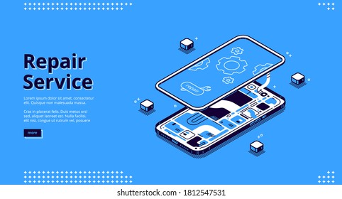 Repair service isometric landing page, disassembled mobile phone fixing, smashed smartphone with microcircuit and screen with gears, broken electronics device touchscreen 3d vector line art web banner