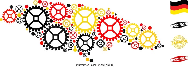 Repair service Jamaica map collage and stamps. Vector collage is formed with workshop elements in different sizes, and Germany flag official colors - red, yellow, black.