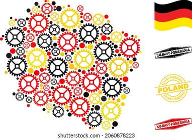 Repair service Kujawy-Pomerania Province map composition and seals. Vector collage is created with clock gear items in variable sizes, and Germany flag official colors - red, yellow, black.