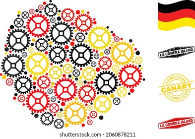 Repair service La Gomera Island map collage and seals. Vector collage is created with repair workshop items in various sizes, and German flag official colors - red, yellow, black.