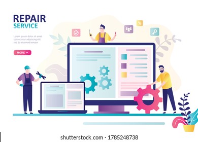 Repair service landing page. Funny tiny people repairing gadgets and operating system. Technicians and repairman at work. Online application on screens. Flat vector illustration