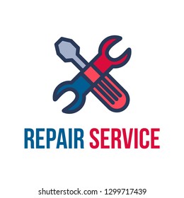 Repair service lettering flat vector logo design. Isolated outline car workshop logotype concept