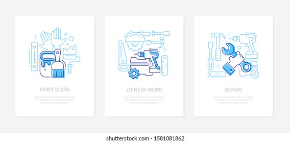 Repair service - line design style banners set on white background. Thin linear illustrations with place for your text. Paint, joinery work, repairing icons. Images of tools, instruments, saw, hammer