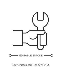 Ícone linear de serviço de reparo. Chave inglesa. Manutenção e fixação. Trabalho manual. Habilidade técnica. Ilustração em linha fina. Símbolo de contorno. Desenho de contorno de vetor. Traçado editável