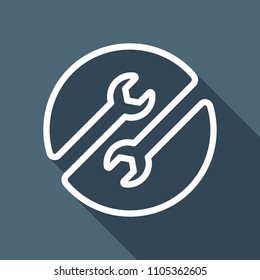 Repair service. Linear, thin outline. White flat icon with long shadow on background