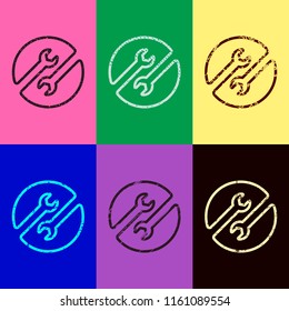 Repair service. Linear, thin outline. Pop art style. Scratched icons on 6 colour backgrounds. Seamless pattern