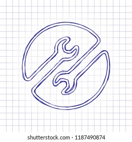 Repair service. Linear, thin outline. Hand drawn picture on paper sheet. Blue ink, outline sketch style. Doodle on checkered background