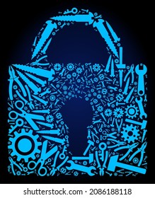 Repair service lock composition of tools on a dark blue gradient background. Vector lock is done with blue gearwheels, wrenches, and other tools, and based on lock icon. Concept of technician service.