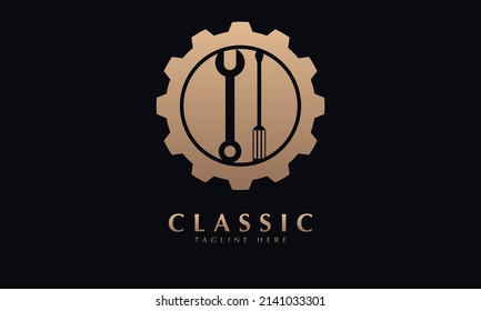 Repair Service Logo Design Element or wrench and srewdriver with gear abstract monogram vector logo template