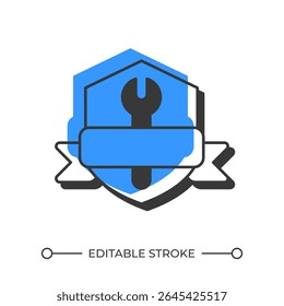 Repair service logo offset shadow line icon. Shield with wrench and ribbon. Security maintenance process. Bold outline symbol with solid blue fill. Modern flat illustration. Editable stroke