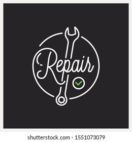 Repair service logo. Round linear logo of repair wrench on black background