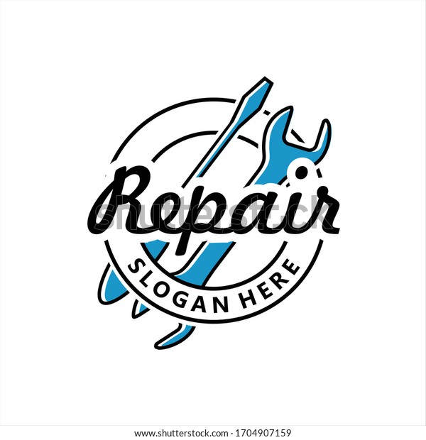 Repair service logo. Round linear logo of\
repair, screwdriver and wrench logo, Luxury logo design template\
vector illustration