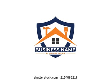 Repair Service Logo With Shield Home Paintbrush And Hammer 