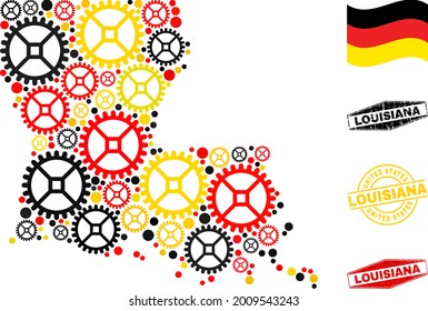 Repair service Louisiana State map collage and stamps. Vector collage is designed of repair workshop elements in different sizes, and Germany flag official colors - red, yellow, black.