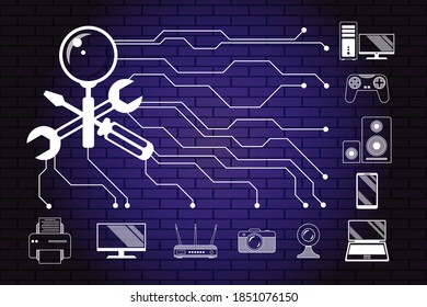 Repair service, maintenance of digital, video and computer equipment - in the form crossed screwdriver, wrench, magnifier with icons, signs, on background of bricks, brick illuminated wall. Vector