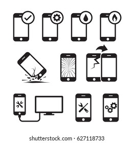 Repair, service and maintenance mobile or smart phone icons set. Black on a white background