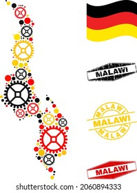 Repair service Malawi map mosaic and stamps. Vector collage is formed from repair service items in various sizes, and Germany flag official colors - red, yellow, black.