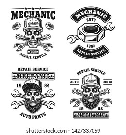 Repair service and mechanic set of four vector emblems, badges, labels, stamps or logos in vintage monochrome style isolated on white background