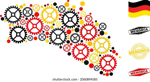 Repair service Menorca Island map collage and seals. Vector collage created from service elements in different sizes, and Germany flag official colors - red, yellow, black.