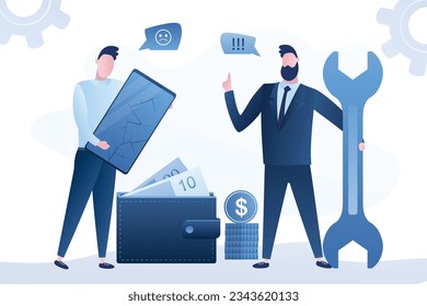 Repair and service mobile phones concept banner. User holding phone with cracks on screen, businessman or repairman with wrench. Repair broken gadget. Wallet with money, payment. Vector illustration