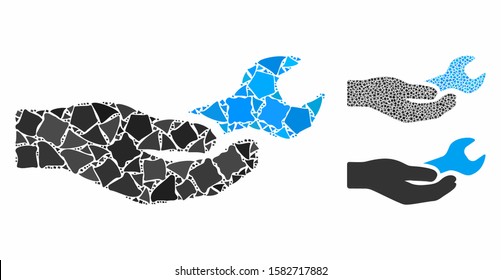 Repair service mosaic of bumpy items in variable sizes and shades, based on repair service icon. Vector rough items are organized into composition. Repair service icons collage with dotted pattern.