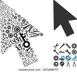 Repair service mouse cursor collage of service tools. Vector mouse cursor is formed of cogwheels, wrenches, and other tools, and based on mouse cursor icon. Abstraction for maintenance job.