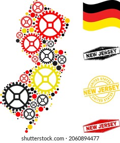 Repair service New Jersey State map collage and stamps. Vector collage formed with repair service icons in different sizes, and German flag official colors - red, yellow, black.