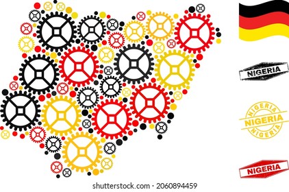 Repair service Nigeria map mosaic and seals. Vector collage is composed of service elements in different sizes, and Germany flag official colors - red, yellow, black.