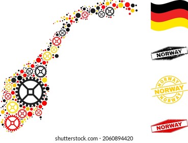 Repair service Norway map composition and stamps. Vector collage is composed from repair service elements in various sizes, and German flag official colors - red, yellow, black.
