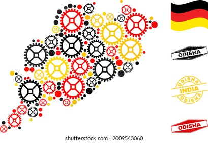 Repair service Odisha State map composition and seals. Vector collage is designed from service icons in variable sizes, and Germany flag official colors - red, yellow, black.