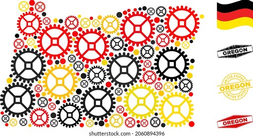 Repair service Oregon State map collage and seals. Vector collage is designed of service items in various sizes, and Germany flag official colors - red, yellow, black.