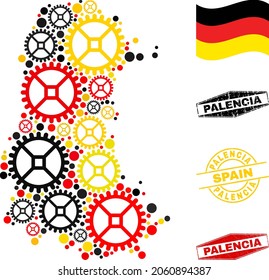 Repair service Palencia Province map collage and seals. Vector collage is designed with repair service items in different sizes, and German flag official colors - red, yellow, black.