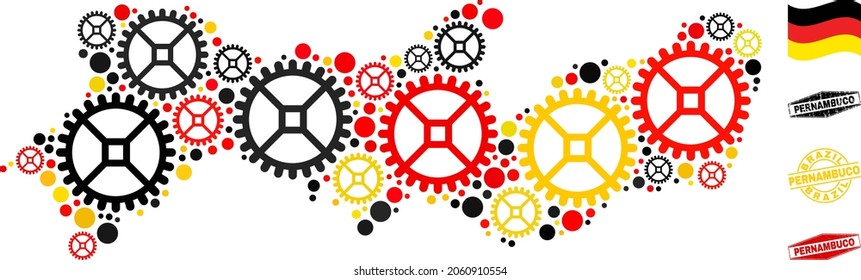 Repair service Pernambuco State map mosaic and seals. Vector collage is composed of repair service items in variable sizes, and German flag official colors - red, yellow, black.