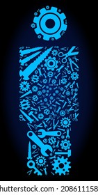Repair service person collage of service tools on a dark blue gradient background. Vector person is composed of blue cogs, wrenches, and other tools, and based on person icon.