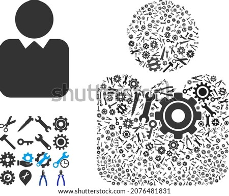 Repair service person collage of service tools. Vector person is done of cogwheels, spanners, and other tools, and based on person icon. Abstraction of technical job.