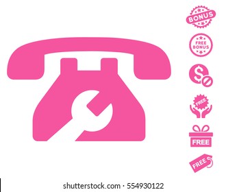 Repair Service Phone icon with free bonus images. Vector illustration style is flat iconic symbols, pink color, white background.