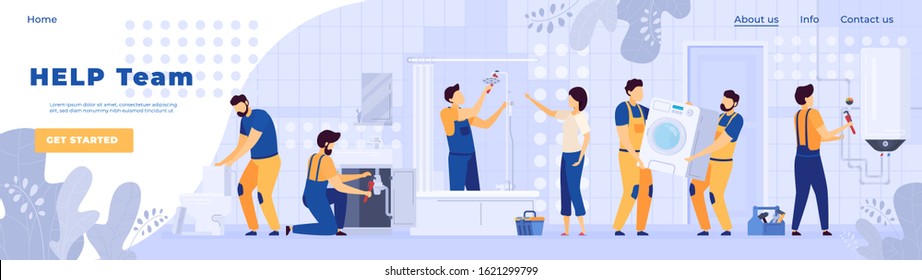 Repair service plumbers worker people in bathroom, vector illustration. Professional team of handymen, cartoon characters. Bathroom furniture installation, sanitary equipment maintenance. Plumber in