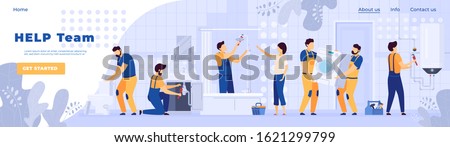 Repair service plumbers worker people in bathroom, vector illustration. Professional team of handymen, cartoon characters. Bathroom furniture installation, sanitary equipment maintenance. Plumber in
