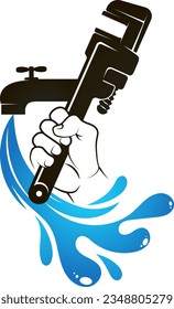 Repair and service plumbing sign. Wrench in plumber's hand, water faucet and water splash