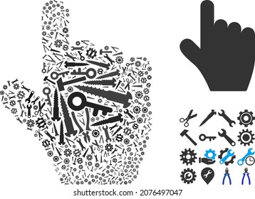 Repair service pointer finger collage of service tools. Vector pointer finger is constructed of cogs, spanners, and other instruments, and based on pointer finger icon. Concept for tuning service.
