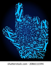 Repair service pointer finger composition of service tools on a dark blue gradient background. Vector pointer finger is created of blue cogs, wrenches, and other tools,