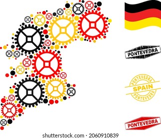 Repair service Pontevedra Province map collage and stamps. Vector collage is formed from repair workshop items in different sizes, and Germany flag official colors - red, yellow, black.