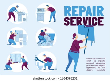 Reparatur Service-Poster flache Vektorillustration Vorlage. Klempner mit Schlüssel. Zimmermann mit Kofferraum. Broschüre, Broschüre ein Seite Konzept Design mit Zeichentrickfiguren. Flyer für Handarbeiter, Packungsbeilage