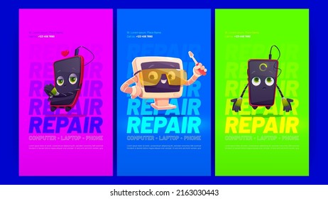 Repair service posters with smartphone and computer under renovation. Vector banners of gadget maintenance with cartoon illustration of broken mobile phone and pc with screwdriver