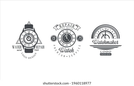 Repair Service Premium Logo Design Templates Set, Watchmaker Monochrome Retro Badges Cartoon Vector Illustration