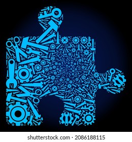 Reparar la composición del complemento de rompecabezas de las herramientas de servicio en un fondo de gradiente azul oscuro. El plugin del rompecabezas vectorial tiene forma de ruedas cognitivas azules, escurrimientos y otros instrumentos,