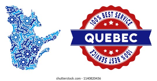 Repair service Quebec Province map composition of tools. Abstract geographic scheme in blue colors and best service reward. Vector Quebec Province map is made of gear wheels and wrenches.