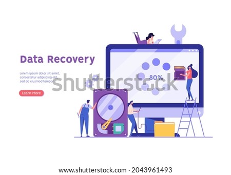 Repair service restore files on computer. Restoration process. Data recovery, data storage backup, hardware disk repair service. Vector illustration in flat cartoon design