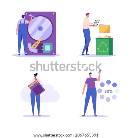 Repair service restore files on computer. Restoration process. Set of data recovery, data storage backup, hardware disk repair service. Vector illustration in flat cartoon design